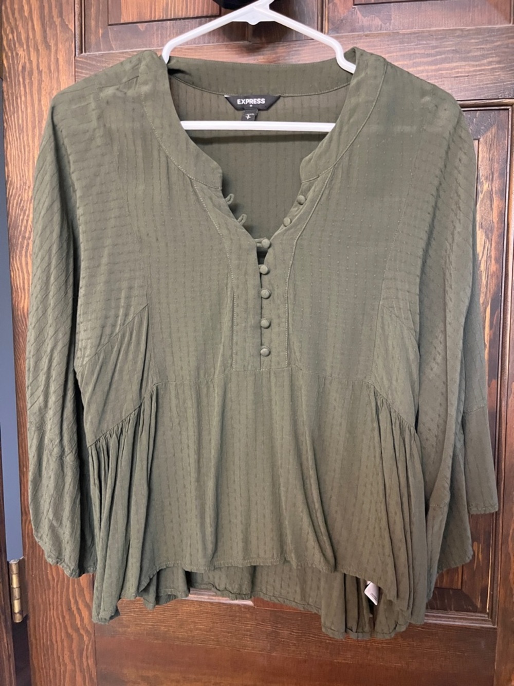 Express Olive Green Button-Front Peasant Blouse